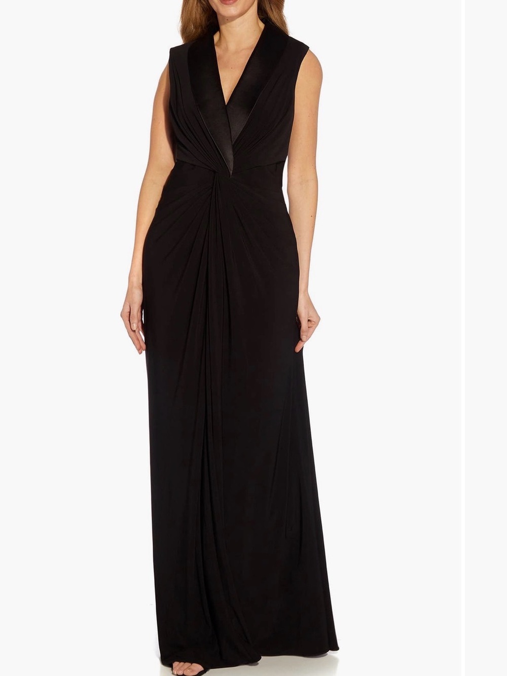 Adrianna Papell Black Tuxedo Sleeveless Maxi Gown with Draped Front